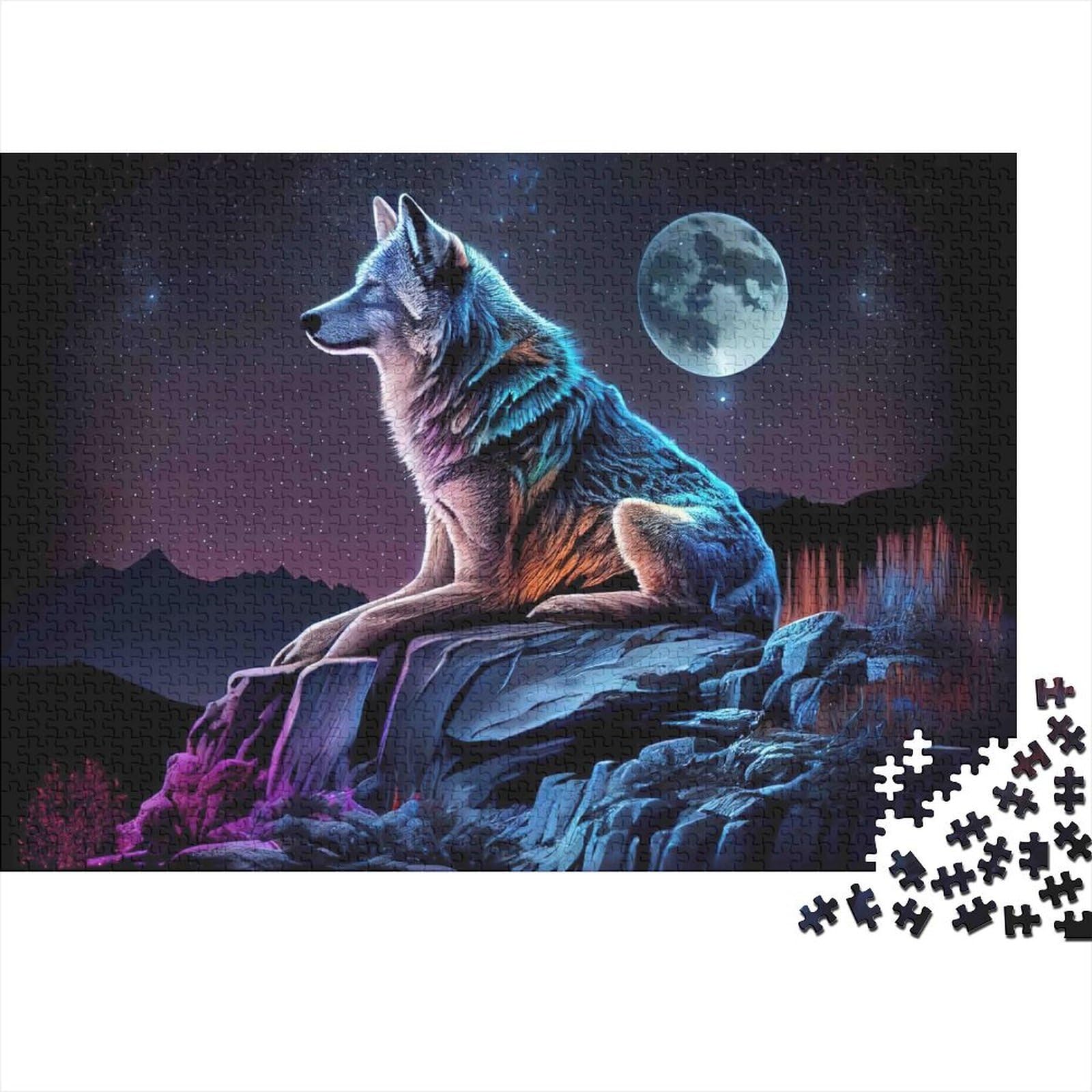 Wolf Under Moonlight 1000 Pieces Puzzle Jigsaw Recycled Cardboard Sustainable Stress Relief Relaxing Wolf Moon Rock for Leisure Activity 38x26cm/1000pcs — image 1