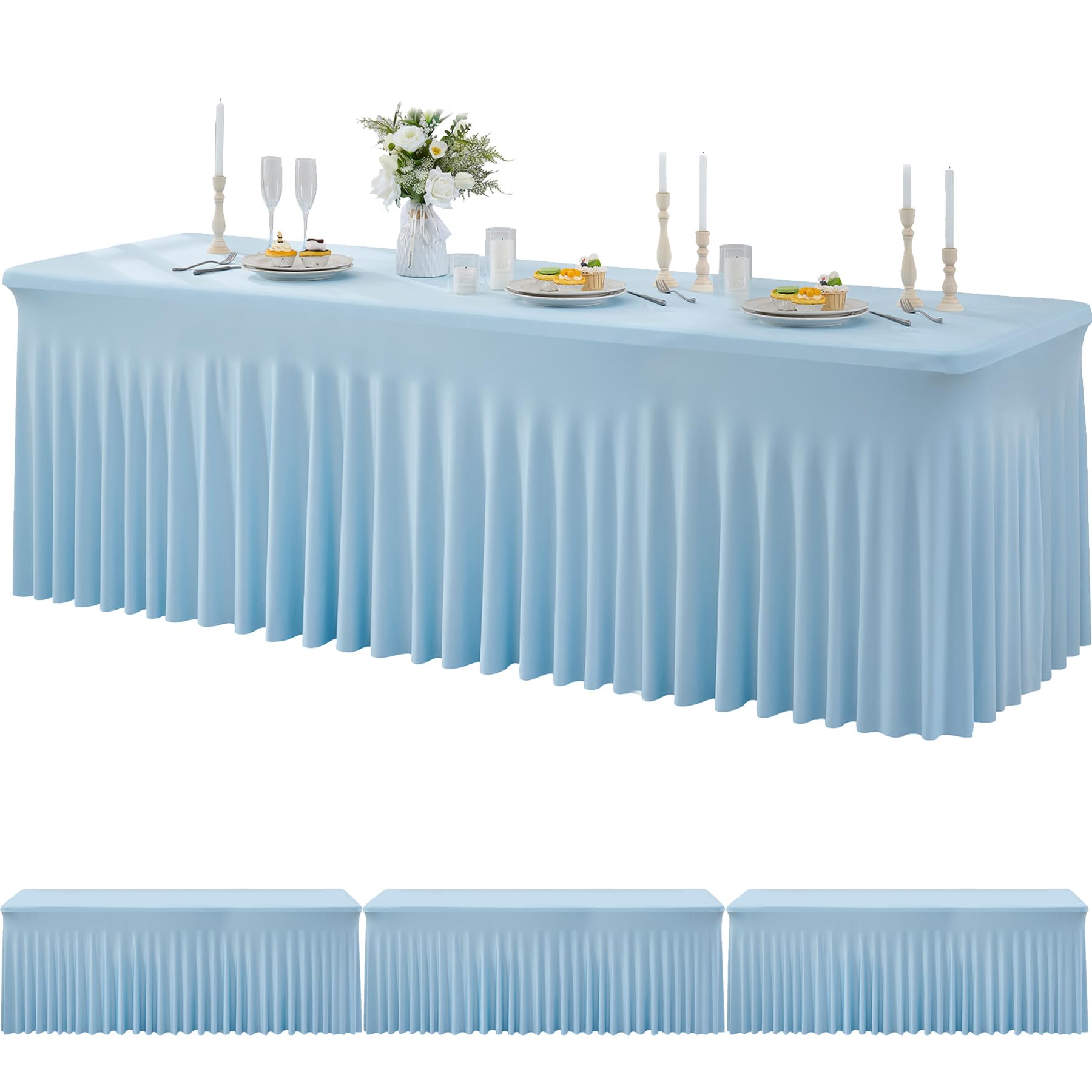 3 Packs Baby Blue Spandex Tablecloths for 8 Foot Rectangle Tables, Stretchy Fitted 8FT Blue Table Skirt for Wedding Party, Wrinkle Free Tablecloths for Banquet Wedding Birthday Party