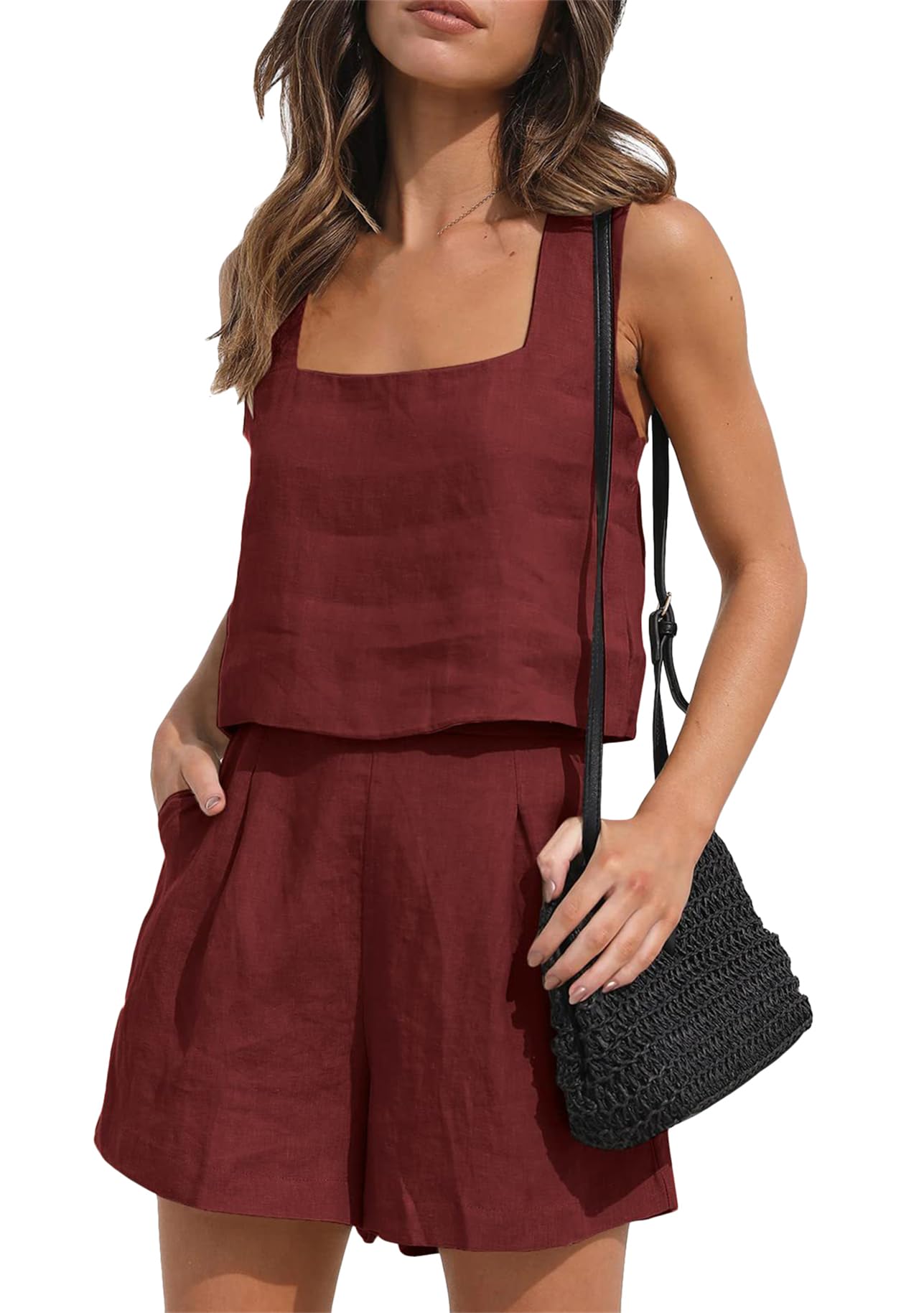 YMING Set di Lino per Le Donne Estate Camicia Senza Maniche Top E Shorts Due Pezzi Outfit Ladies Lounge Wear Matching Sets Vestiti
