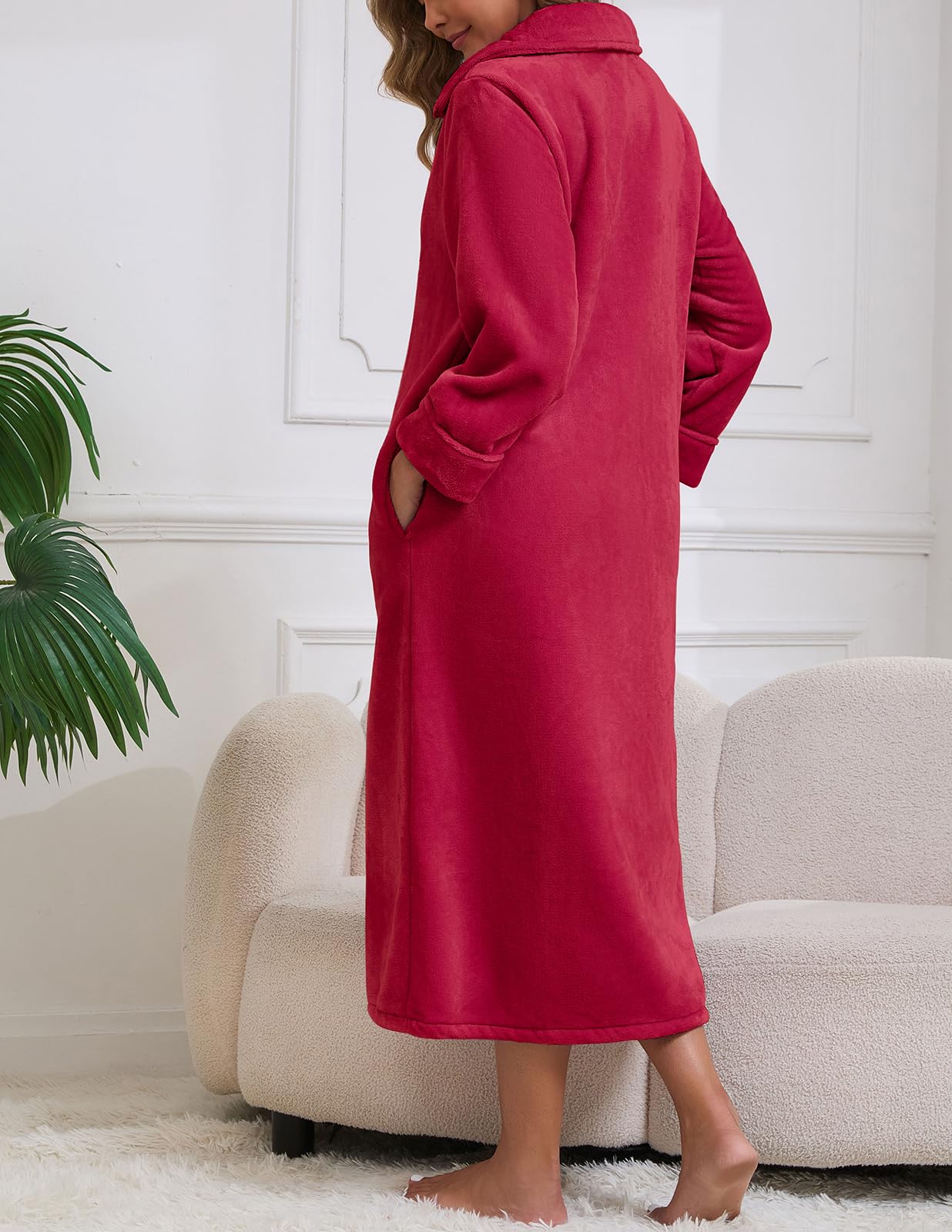 Rubehoow Peignoir en polaire doux et chaud pour femme avec fermeture éclair et poches pour l'hiver