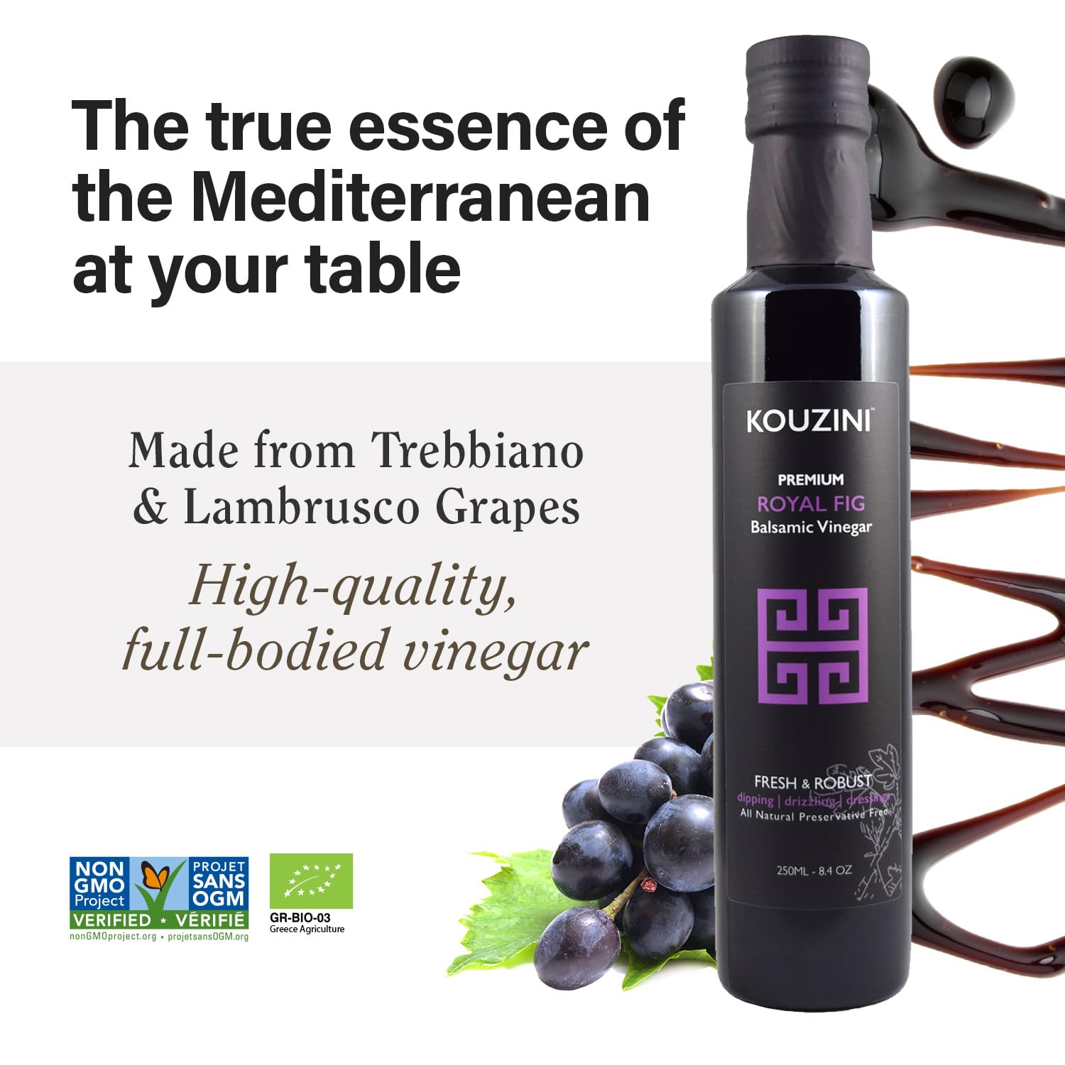 Kouzini Ultra Premium Royal Fig Balsamic Vinegar, Aged Balsamic Vinegars from Modena, Italy, Premium, Smooth & Full-Bodied Flavor, 250ml Bottle