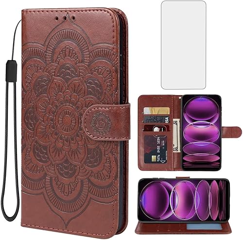 Funda para Redmi Note 12 5G, Poco X5 5G 22111317PG Funda tipo cartera con protector de pantalla de vidrio templado, funda de cuero con soporte para