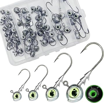 50Pcs/Box Swimbait Jig Heads Fishing Hooks with 3D Eye,4 Sizes1/4oz.3/8oz,1/5oz. 1/8oz Mixed,Automatic stabilization Head Design/Luminous,Bass Freshwater&Saltwater