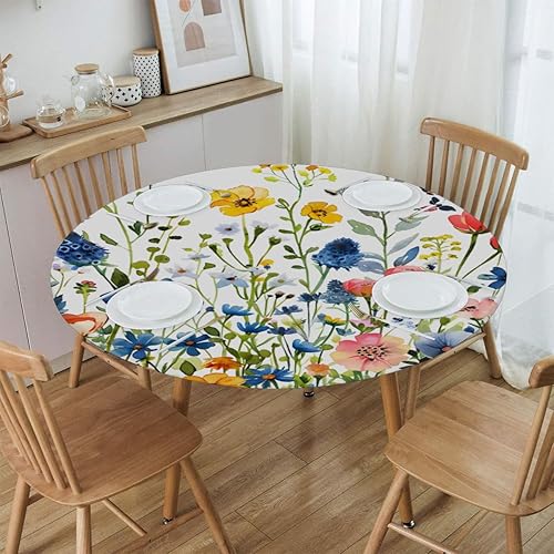 Vista 42 de Pardick Mantel redondo ajustable con diseño de flores de arte en acuarela con mantel elástico, mantel elástico redondo, impermeable, lavable, se