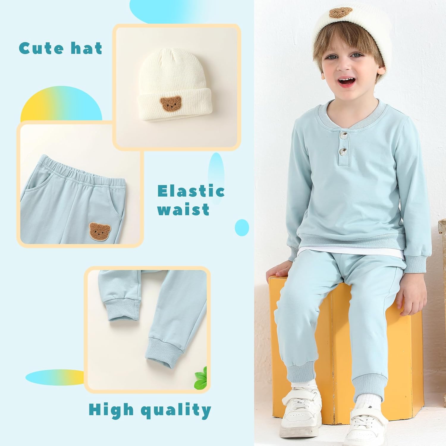 YOUNGER TREE Toddler Fall Outfits Baby Boy Sweatshirt Top Sweatpants Set Cute Sweatsuit for Boy Winter Clothes with Hat - Image 4