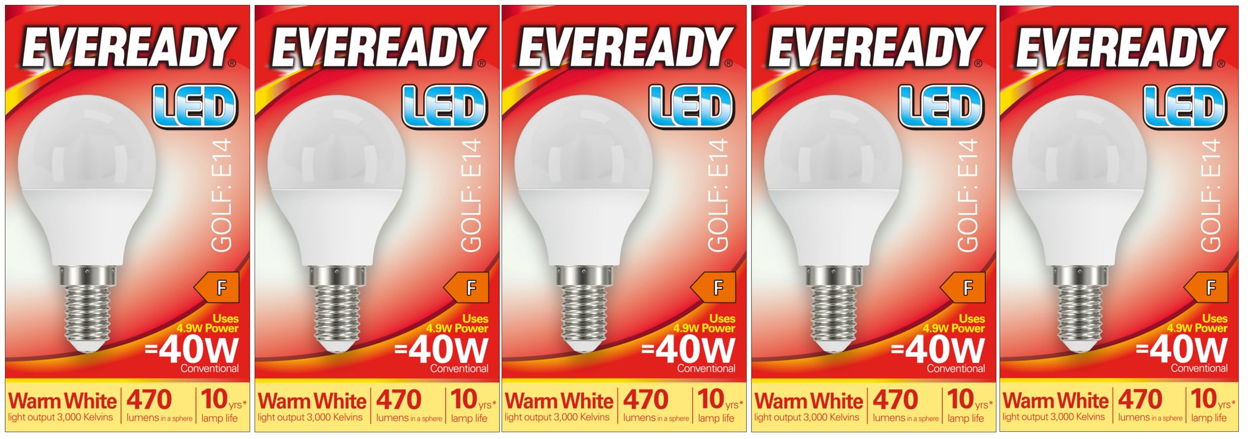 EvereadyE14 Bulb LED Golf (SES) 470 lumens 4.9 Watt Warm White 3,000K. Pack of 5 Bulbs