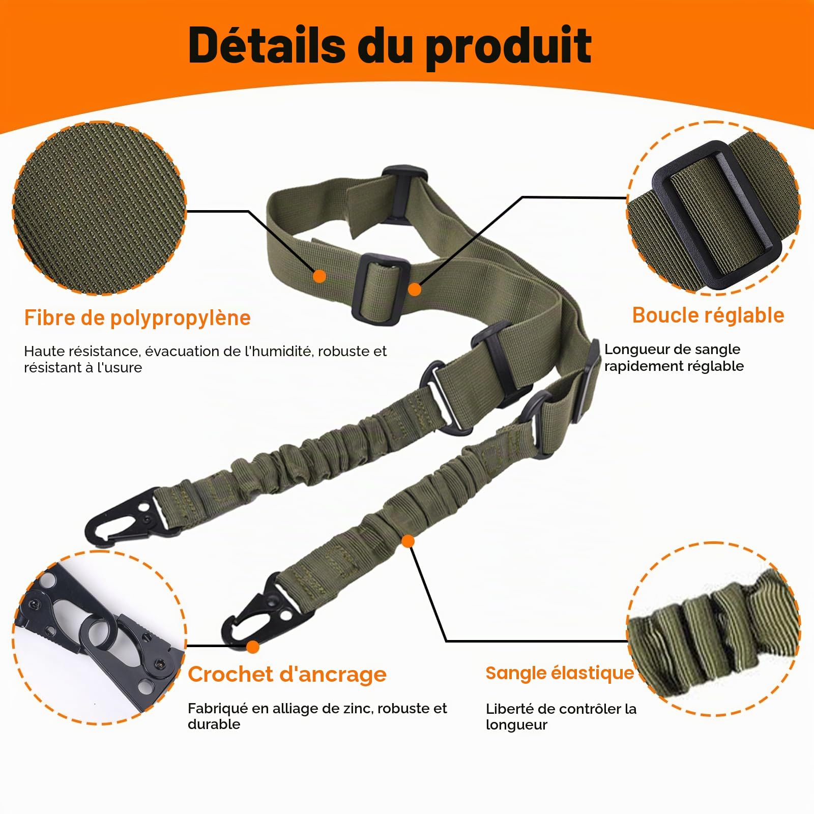 Sangle Airsoft avec 2 Crochets Métalliques, 2 Points Sangle Airsoft Réglable, Sangle de Fusil Nylon pour la Chasse Sportive en Plein Air (Vert)