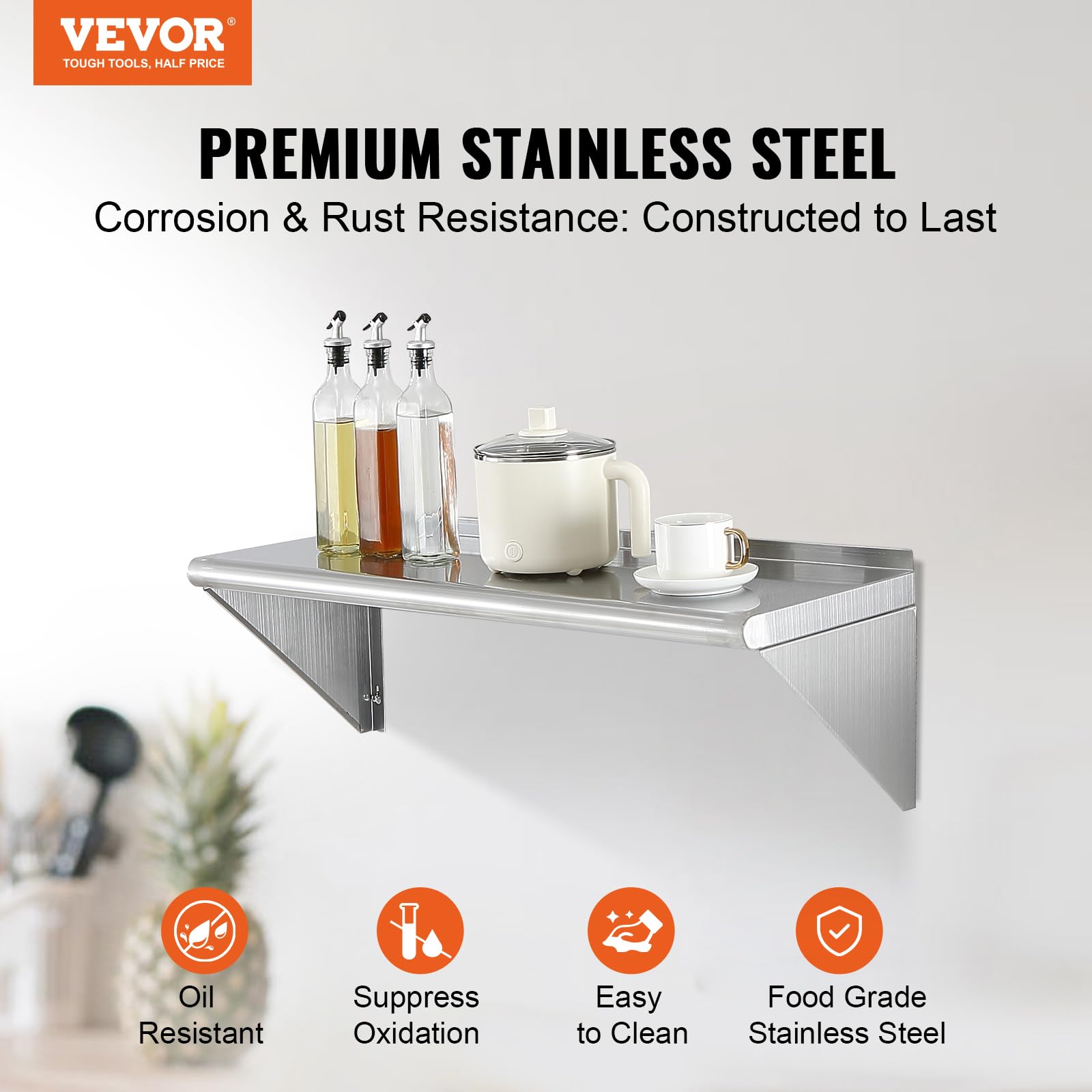VEVOR Mensola da Parete in Acciaio Inox 915 x 305 x 63 mm Scaffale Murale per Cucina Bagno Soggiorno Capacità Carico Max. 113kg, Mensola da Parete Portaoggetti Portaspezie in Acciaio Inox per Cucina