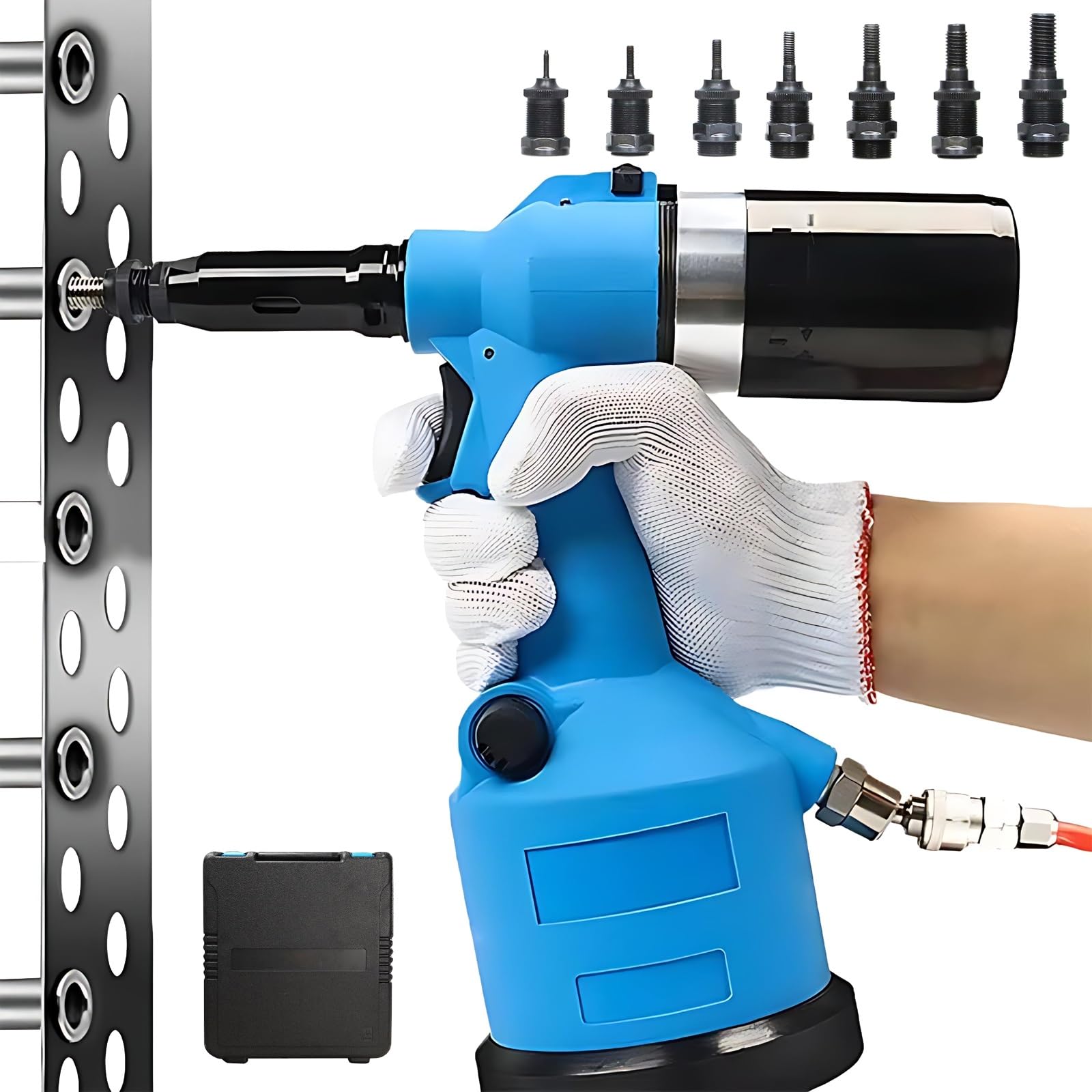 Máquina remachadora hidráulica neumática, herramienta de instalación de remaches neumáticos con carrera ajustable, 7 boquillas para M3 M4 M5 M6 M8 M10 M12, juego de tuercas remachadoras resistentes de