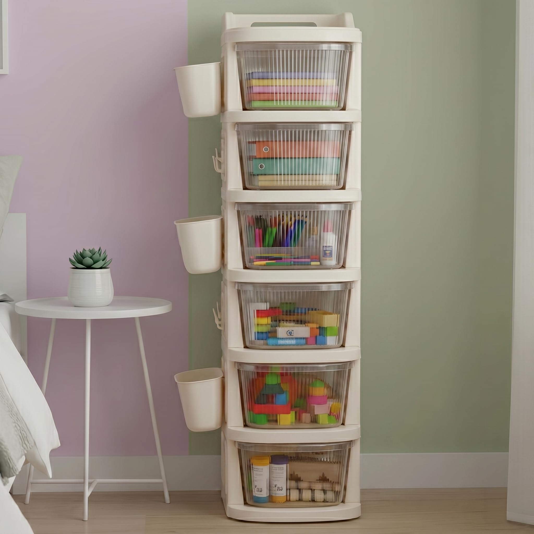 TEX-RO 6 Layer Plastic Drawer Cabinet with Wheels & Side Hooks | Stackable Storage Trolley Organiser for Kitchen, Kids | Multipurpose Drawers Organisers Rack with Basket - Transparent And Ivory