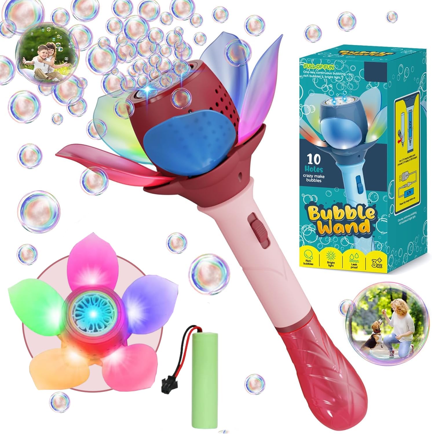 Bombble Elektrisches Seifenblasenstab, Blumen Seifenblasenmaschine Kinder 10000+ Blasen/Min mit Seifenblasenlösung/AKKU/Licht für Geschenk/Outdoor/Party/Hochzeit, Seifenblasenspielzeug Bubble Maker