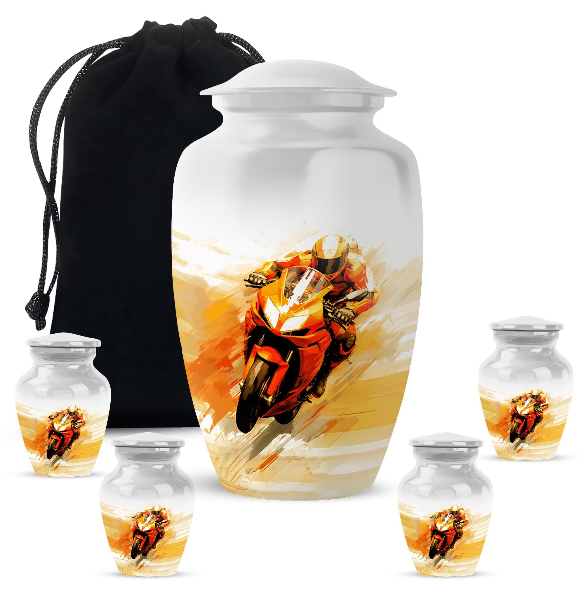 Bike Theme Cremation Funeral Urn for Human/Pet Ashes, Keepsake Memorial Tribute for Father & Mother, Beautiful Handmade Small Urns for Ash, Combo, 1 Large 10 Inch & 2 Mini 3 Inch