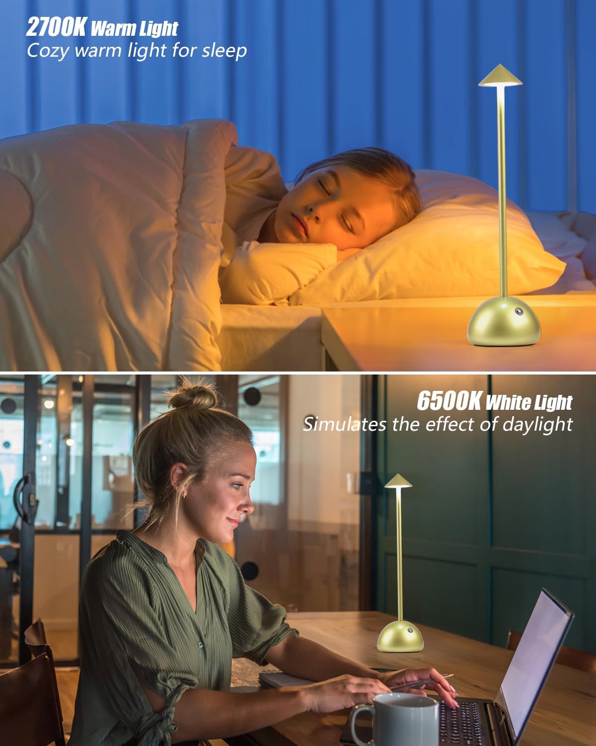 Small Cordless Table Lamps,Battery Operated Table Lights,6000mAh Portable Wireless Lamps,3 Color Dimmable Touch Desk Lamps,LED Rechargeable Lamps for Dining,Bar,Bedroom Bedside,Gold 2 Pack