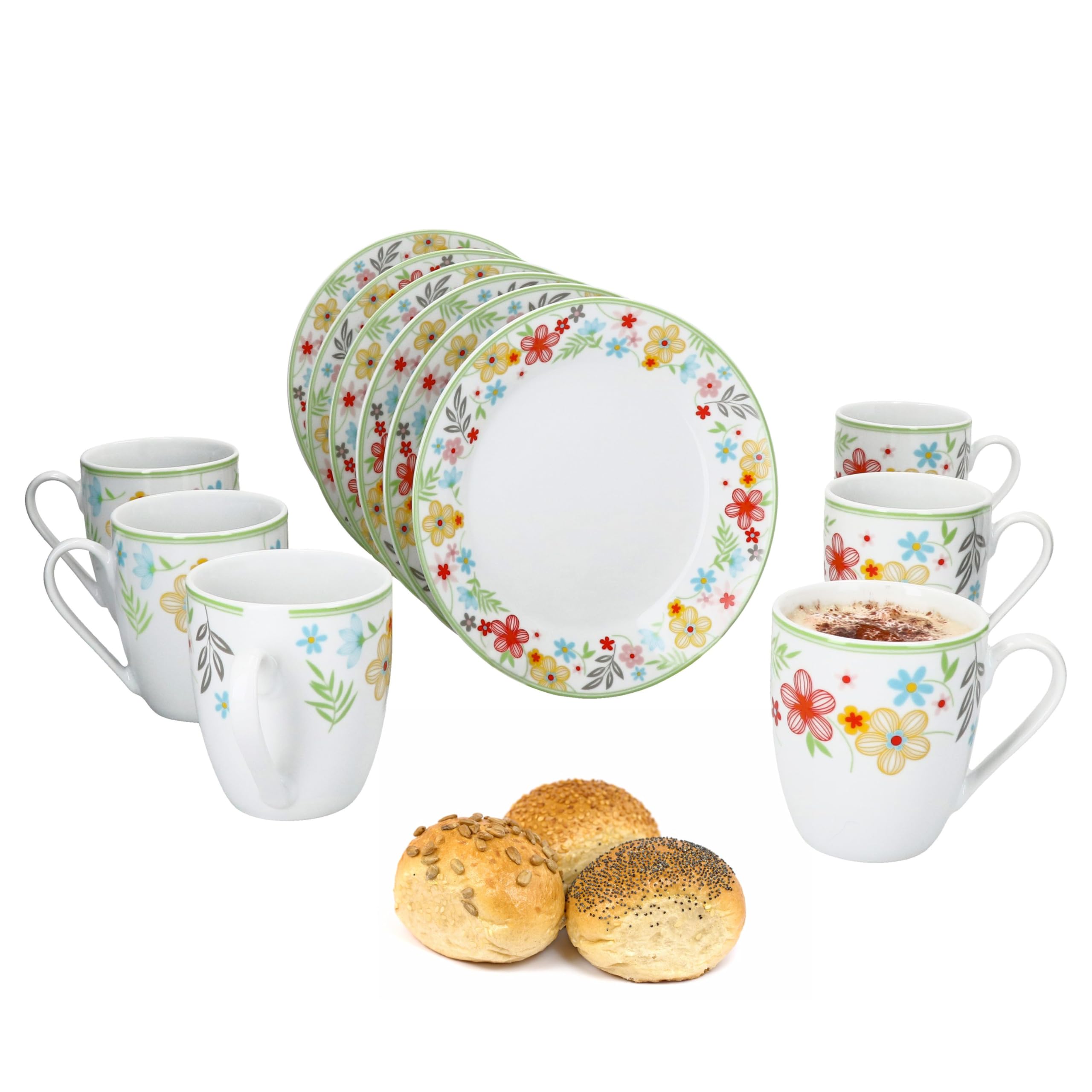 MamboCat Variant Blümchen Service de petit-déjeuner 12 pièces I 6 petites assiettes et 6 tasses à café de 350 ml, hauteur 10,3 cm pour 6 personnes I Tasse, assiettes à gâteau I Vaisselle en porcelaine