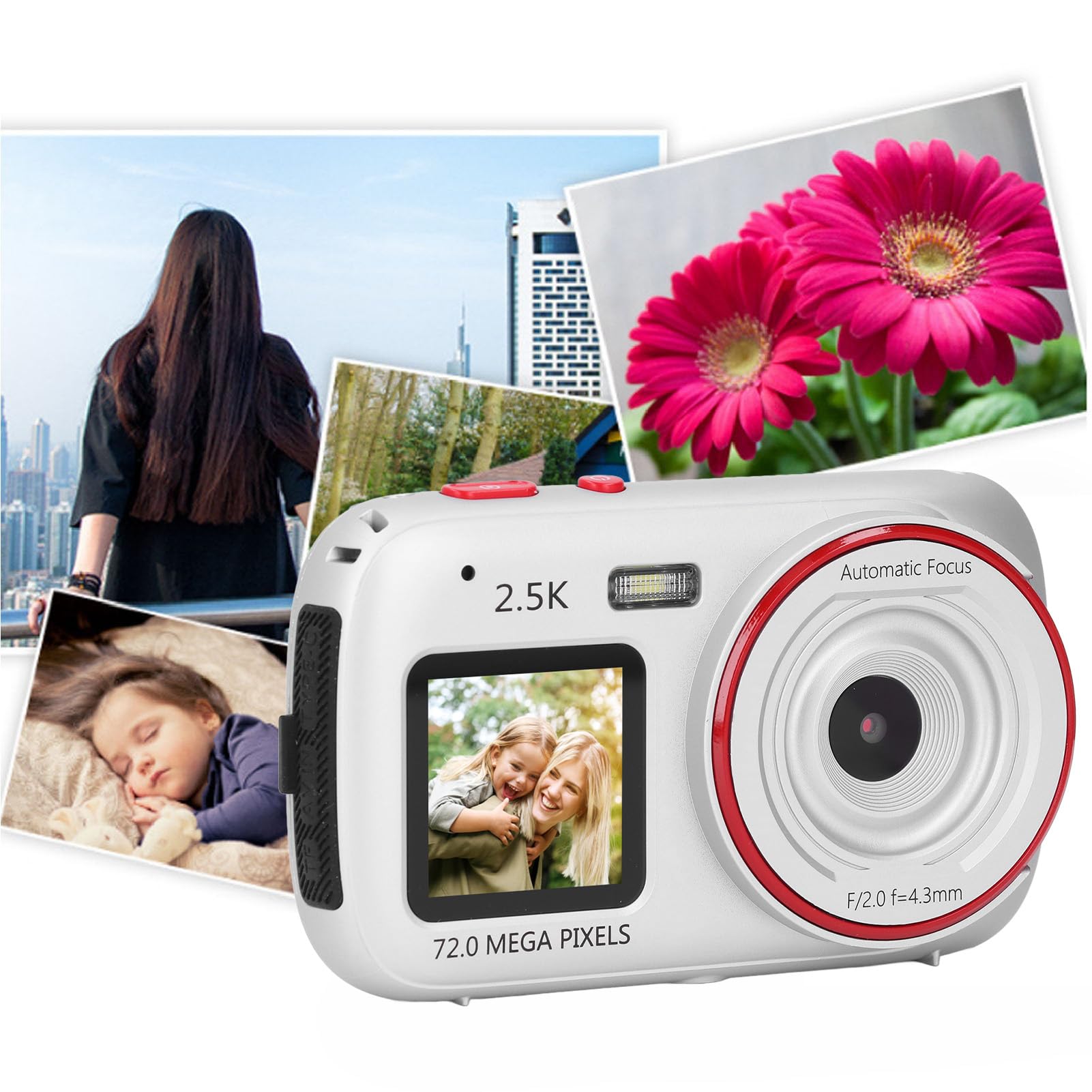 Fotocamera Digitale 2,5K per Fotografia, Fotocamera Selfie da Viaggio con Messa a Fuoco Automatica con Doppio Schermo, Fotocamera per Vlogging con Zoom Digitale 16X (SILVER)