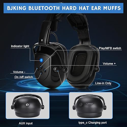 Vista 6 de BJKing Orejeras para casco duro con Bluetooth, NRR 28dB, orejeras ajustables montadas en la tapa, orejeras acoplables para casco