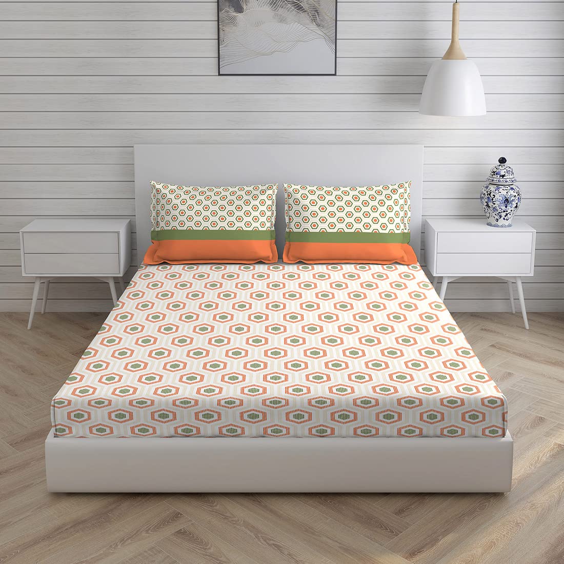 Layers Cotton Rich Bedsheet for Double Bed Queen Size with Pillow Cover Set, 225 TC (Orange Green, Geometric Pattern) Siena Collection, Light Weight, Moisture Absorbent, All Season Comfort