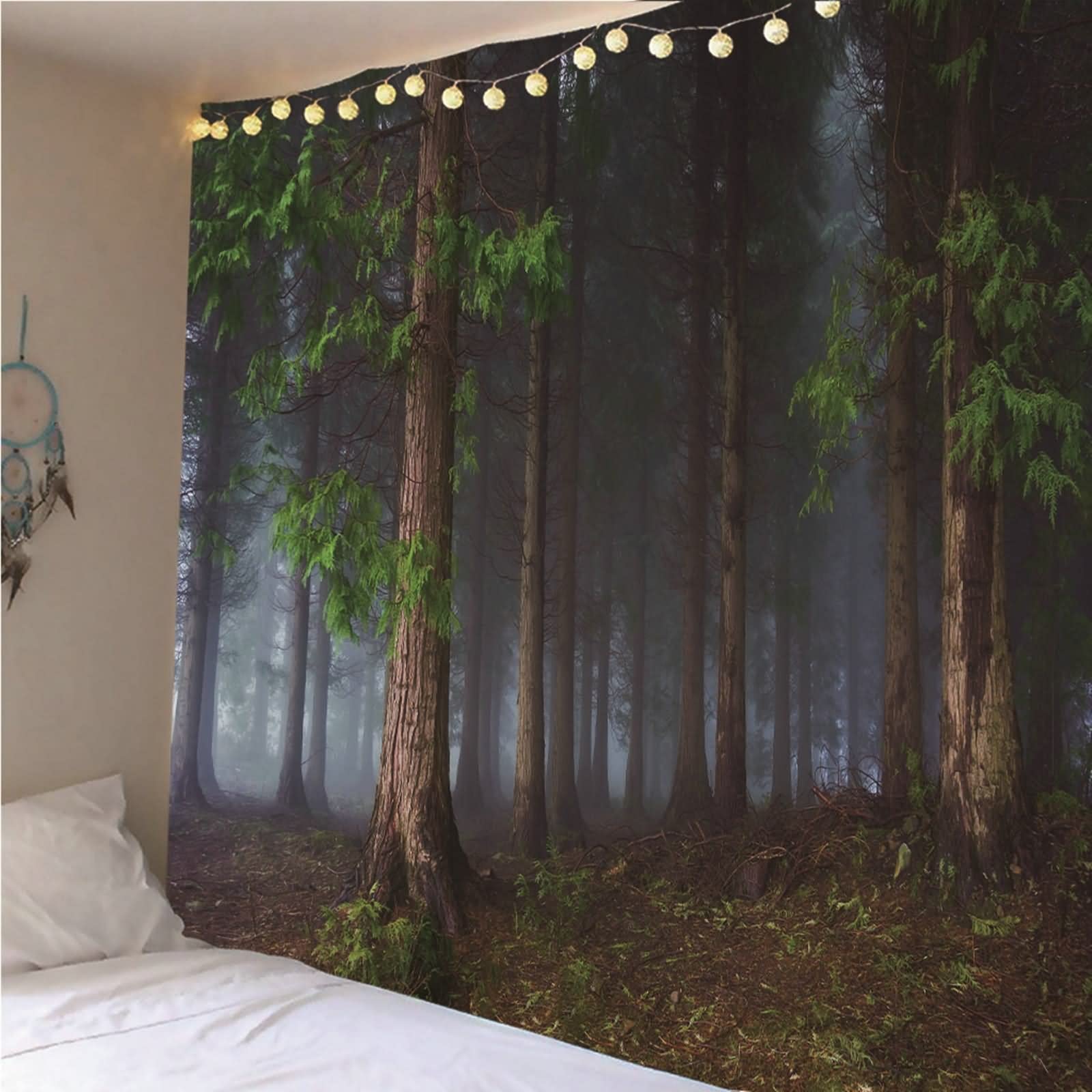 Tapiz Tela Pared, Decoración Pared Cocina Niebla del Bosque Poliéster Verde Marrón 150x130CM Regalo Mujer