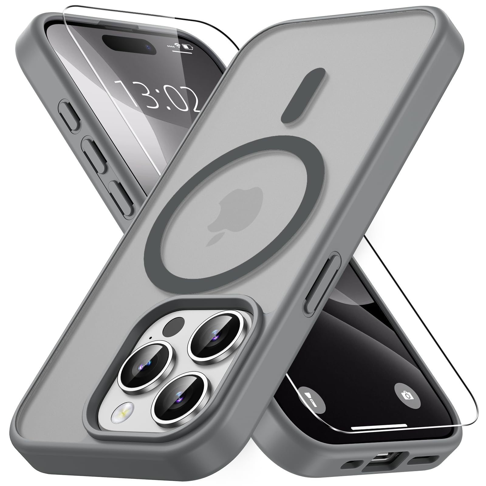 Vansdon Cover Magnetica per iPhone 15 Pro Max con 1 Pezzi Vetro Temperato, Compatibile con Magsafe, Protezione anticaduta di livello militare, Custodia Traslucida Opaca Sottile Antiurto-Grigio titanio