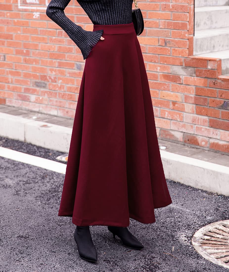 Damen Lange Rock Elegant Hohe Taille Winterrock Wollrock A-Linie Maxirock Faltenrock Retro Röcke 1955 Weinrot -XL