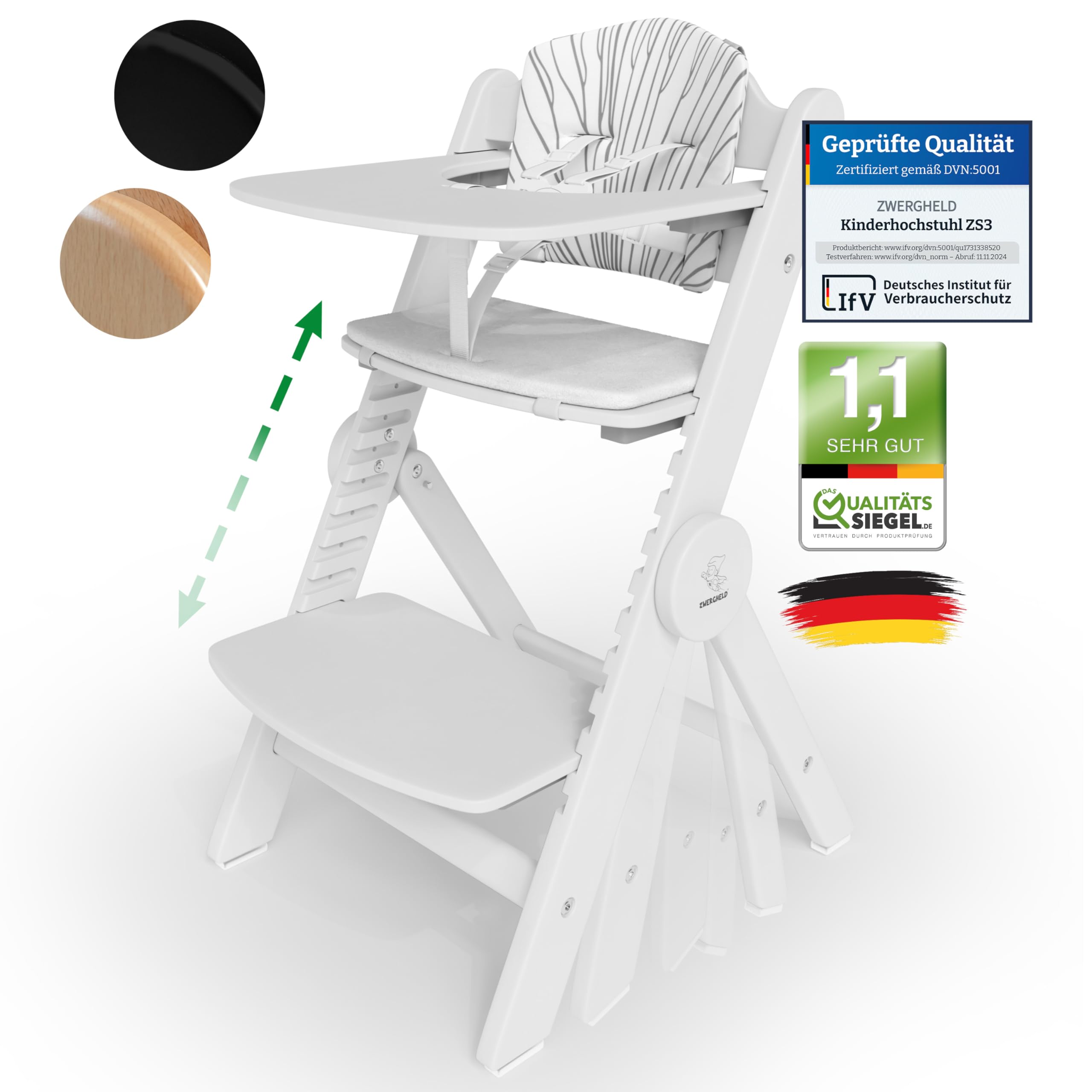 ZWERGHELD® Premium Kinderhochstuhl ZS3 Set - mitwachsend klappbar verstellbar, Hochstuhl Baby ab 6 Monaten bis 90kg belastbar, mit Essbrett - Treppenhochstuhl Kinderstuhl Holz High Chair (snow-white)