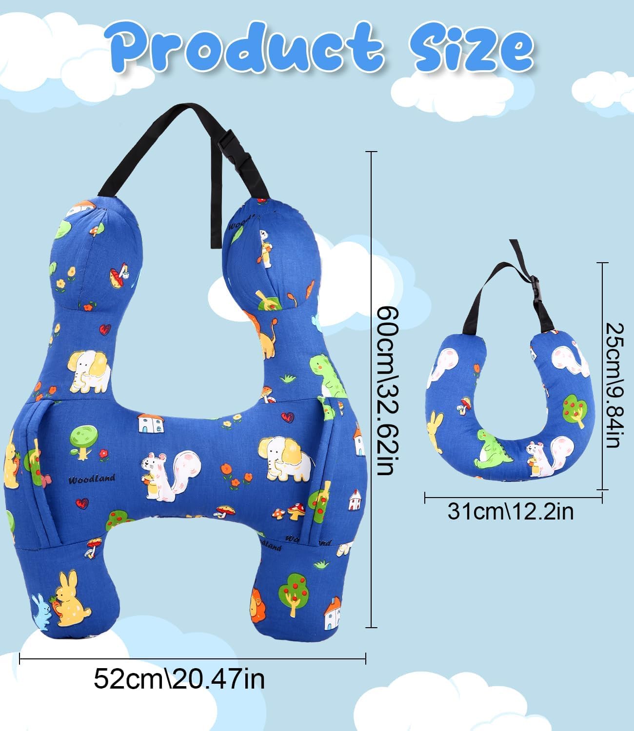 Cuscino da Viaggio, Cuscino auto portatile per Bambini, Cuscino Cervicale da Viaggio, Poggiatesta per auto a forma di H ultra morbido con maniglie per Viaggi di Vacanza per Bambini(Blu)