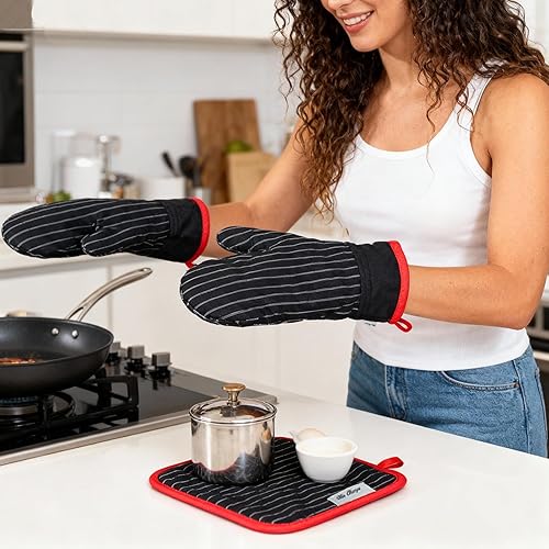 Miniatura 2 de Juego de manoplas de horno y soportes para ollas, guantes de horno y agarraderas con algodón de alta resistencia al calor, extra gruesos, largos,