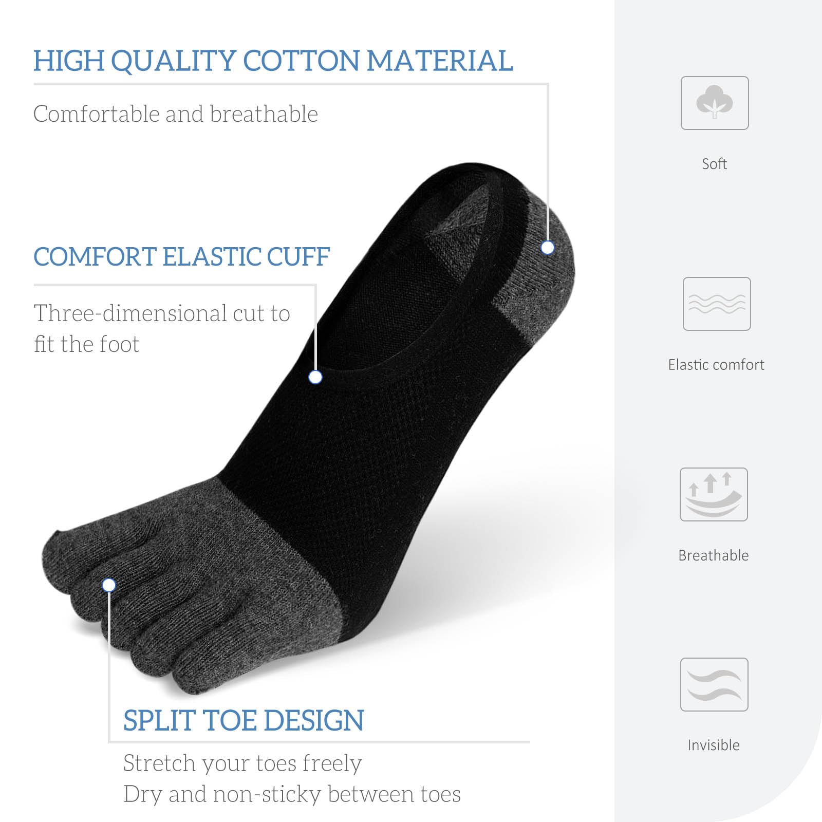 ZAKASA No-Show Toe Socks Men: Five Finger Socks Invisible Liner Low Cut for Running Loafers Athletic Shoes