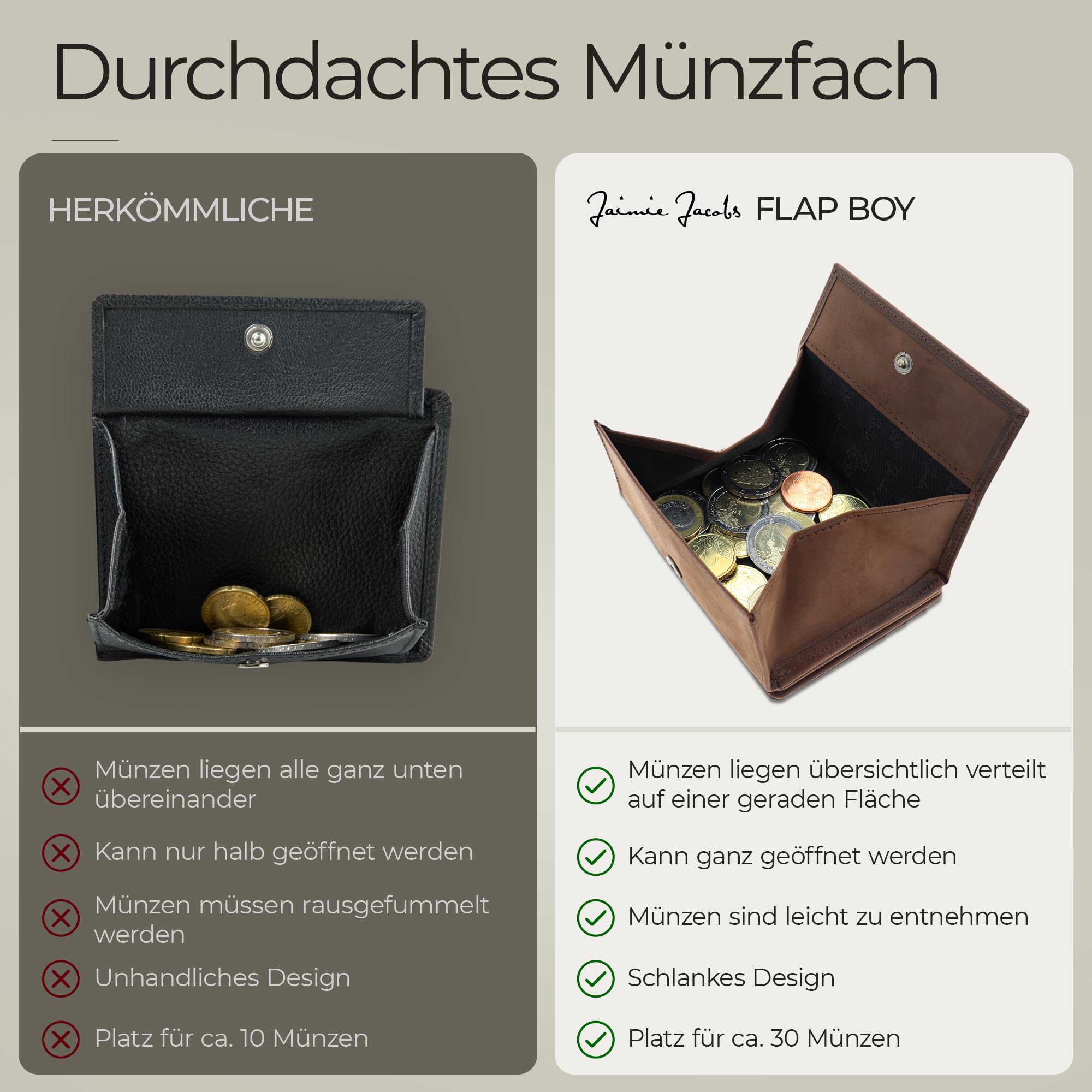 Jaimie Jacobs Flap Boy - Das Original Magic Wallet mit Münzfach RFID-Schutz Magischer Geldbeutel magisches Portemonaie Brieftasche mit Kleingeldfach Herren echtes Leder (Büffelleder Braun)