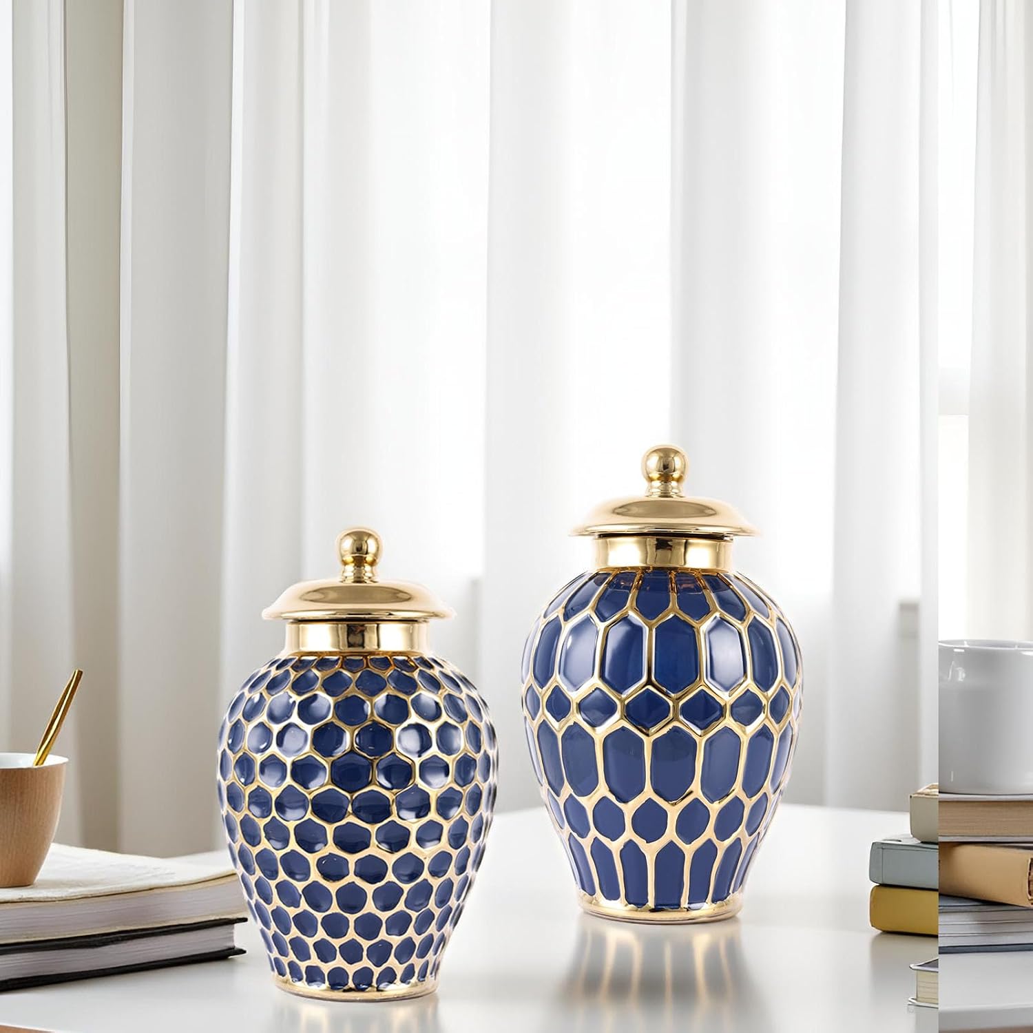 Ginger Jar, Decorative Porcelain Ginger jar with lid, White Gold Ceramic Vase for Decor Decor, Kitchen, Bookshelf Decor, Storage jar, Table Center Vase (Blue A)