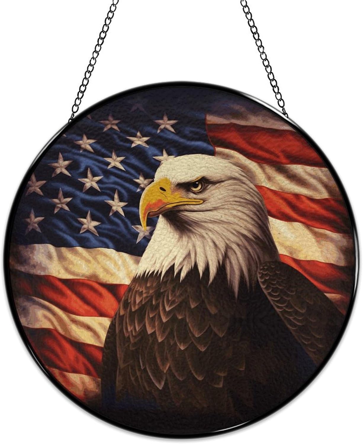 Stained Glass Hanging Sign Suncatcher, Flag and Eagle