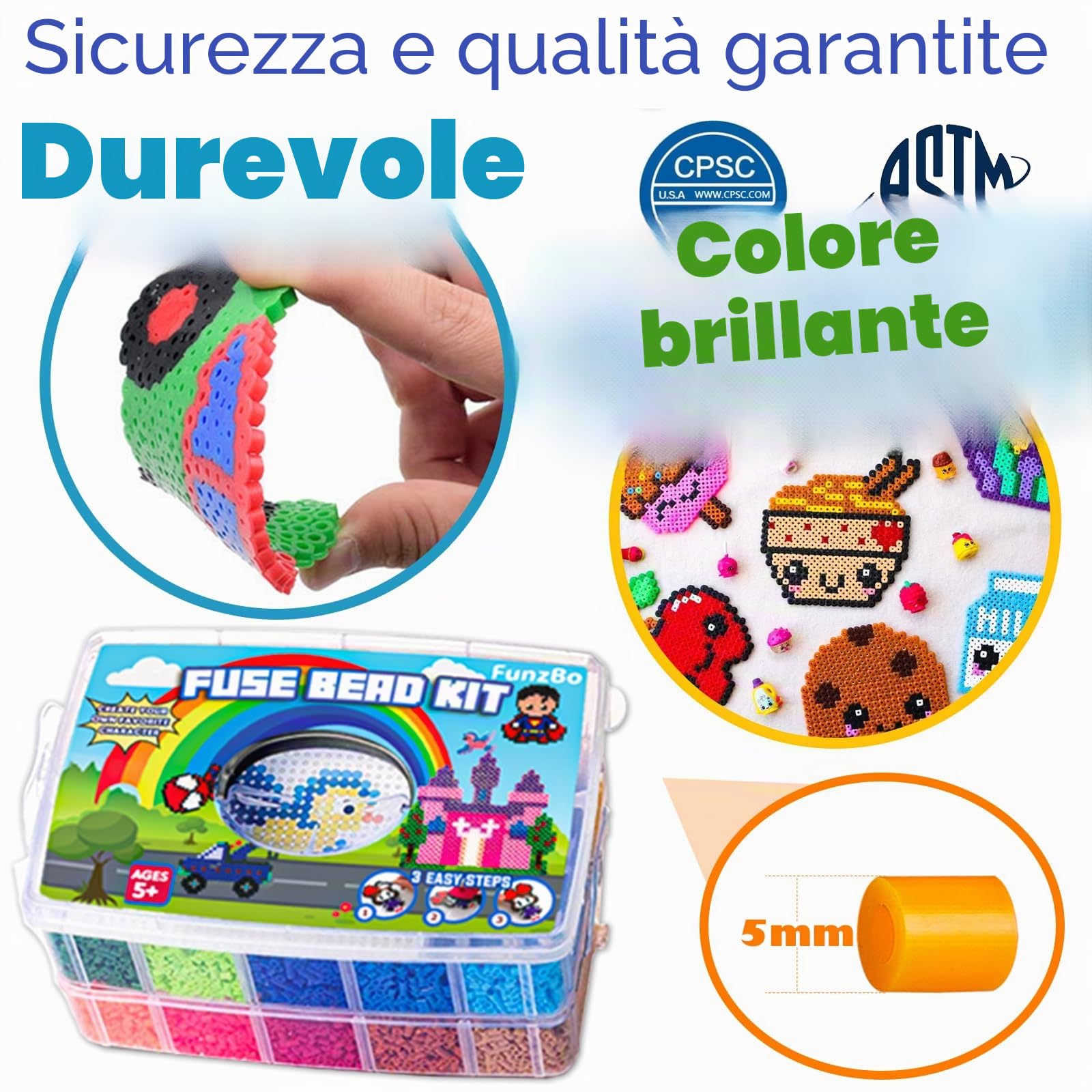 FunzBo Set di Perline da Stirare 23000 Pezzi con 106 Schemi - Perline Piatte 5mm per Bambini da 6 Anni, Adulti e Appassionati di Fai da Te, Ideale per Creatività, Relax Meditativo e Tempo in Famiglia