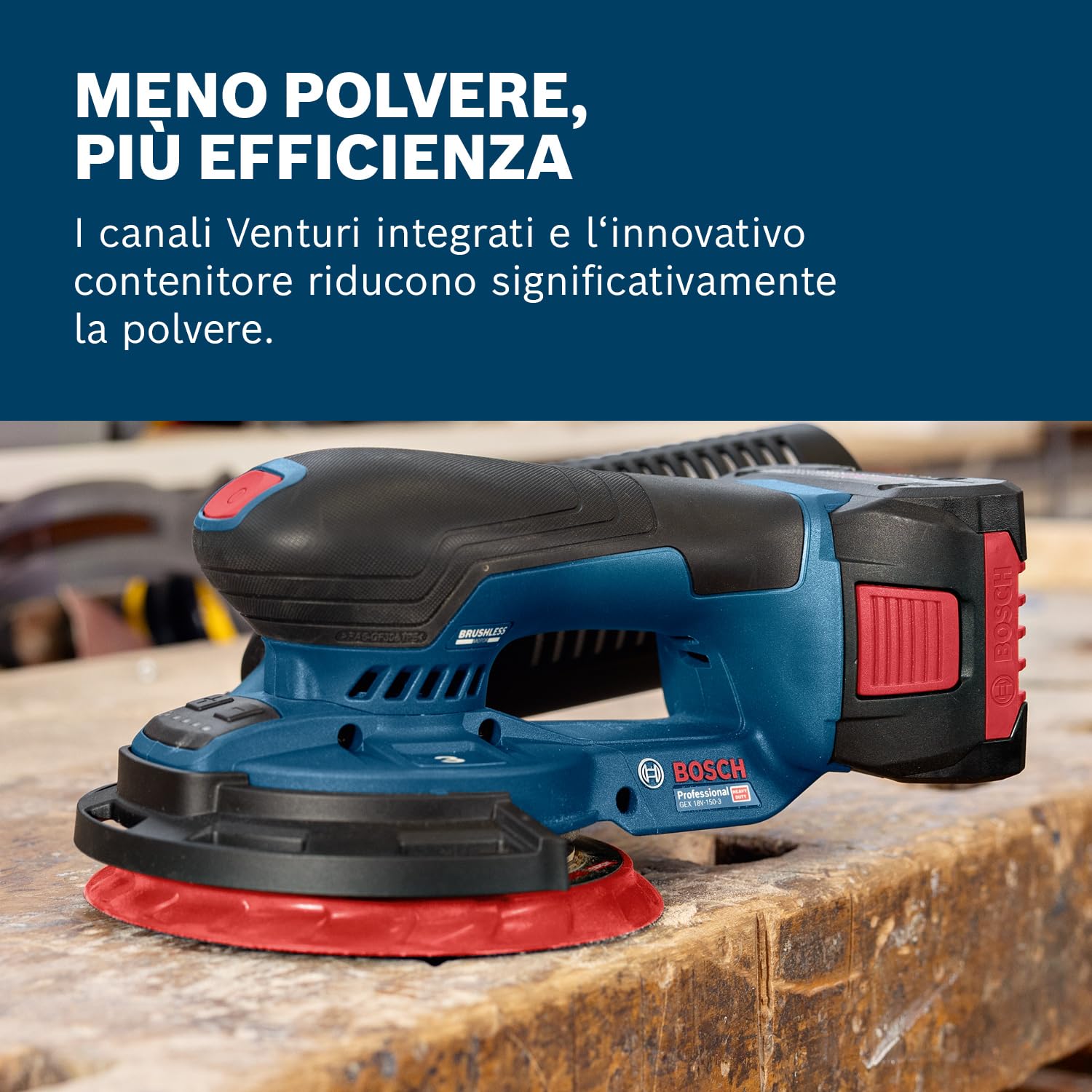 Bosch Professional 18V System Levigatrice a batteria GEX 18V-150-3 (incl. 1 carta abrasiva, 1 contenitore, 1 anello di sicurezza, senza batteria/caricabatteria)