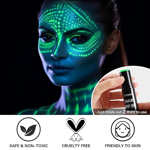 Miniatura 3 de BOBISUKA Pintura facial verde neón en barra a base de agua que brilla en la luz UV, kit de pintura facial para ojos, palos negros para deportes,