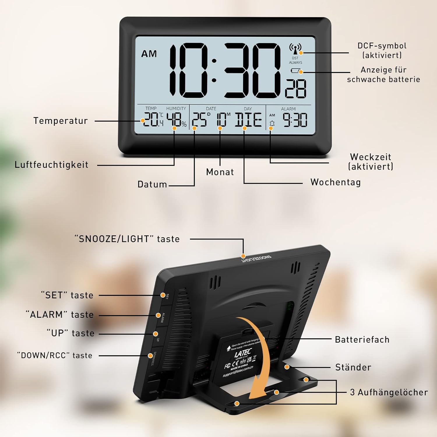 Diagram showing the LATEC Digital Wall Clock's display elements (temperature, humidity, date, month, weekday, alarm time, DCF symbol, low battery indicator) and side buttons (SET, ALARM, UP, DOWN/RCC, SNOOZE/LIGHT) with battery compartment and stand.