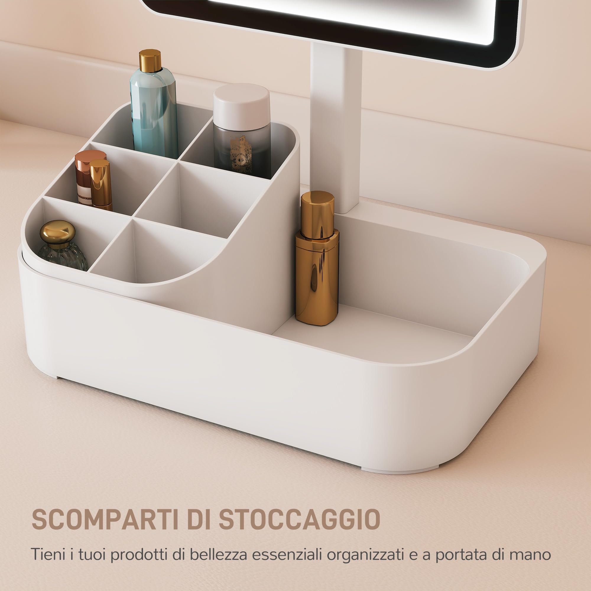 HOMCOM Specchio da Trucco con Luce Dimmerabile, Specchio Illuminato con Regolazione Touch, 2 Modalità di Illuminazione, Rotazione 180°, Specchio Rimovibile e Organizer per Trucchi, Bianco