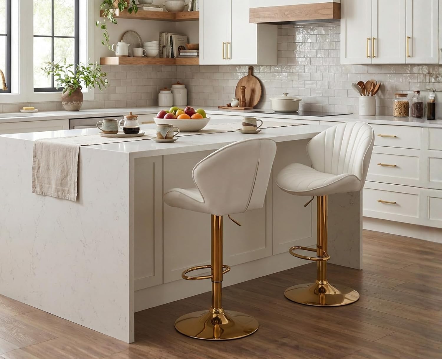 CIMOTA White and Gold Bar Stools Set of 2 Adjustable Height Bar Chairs Modern Swivel Barstools with Shell Shape Back Kitchen Stools for Island/Home Bar/Counter, (Gold Base/Velvet Cream White)
