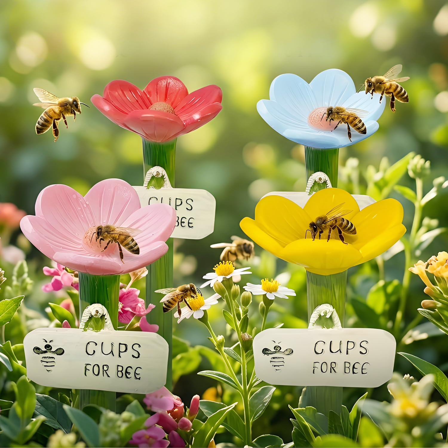4 Pieces Cups for Bees, Bees Watering Stations Cups Flower Shaped,6.5x 11 cm Resin Water Feeder Station,Colorful Flower Butterfly Cups Pollinators Feeder with Stake Base for Outdoor Garden Yard