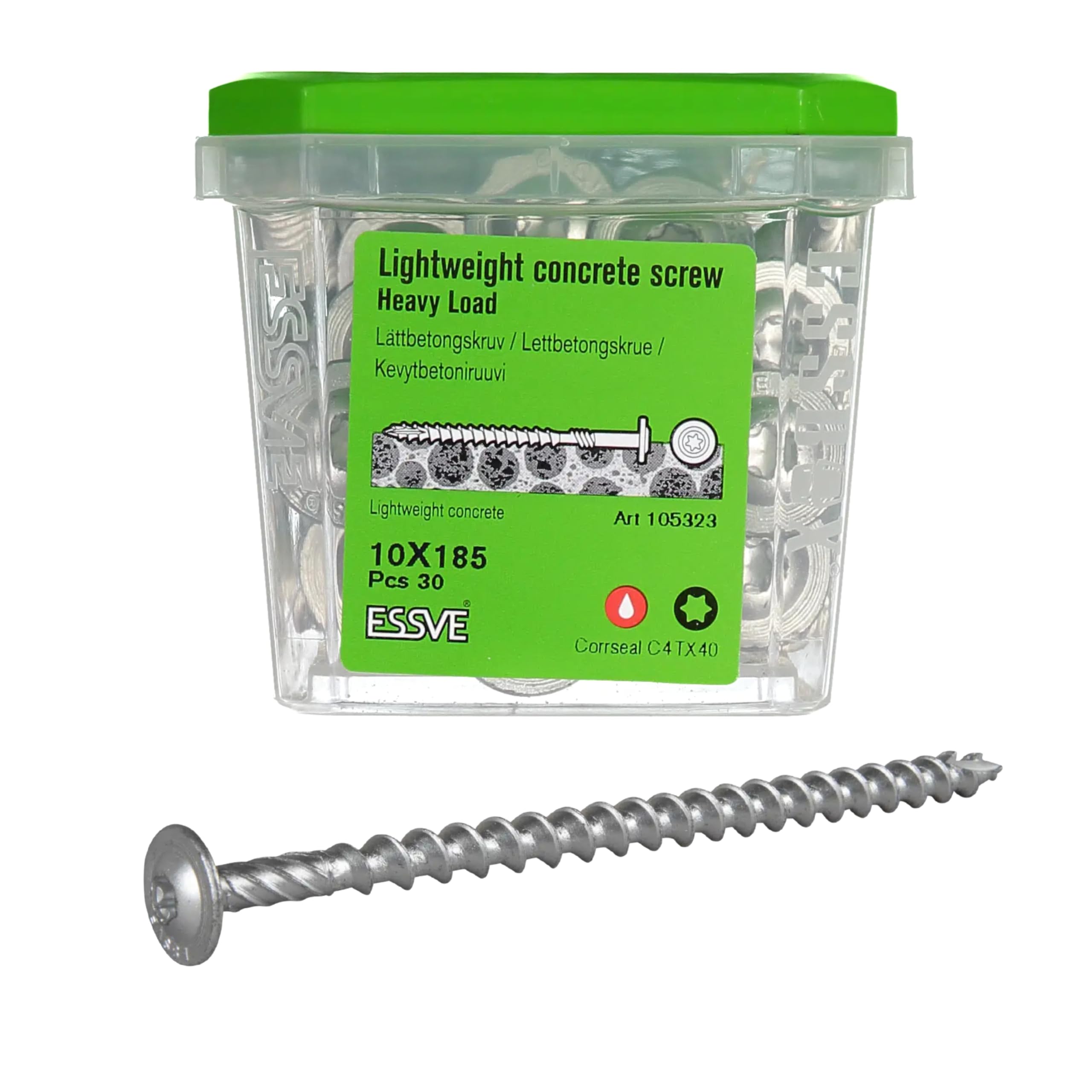 ESSVE HL-W śruba do betonu komórkowego 10 x 185 mm, TX40 C4 – do dużych obciążeń, bez wiercenia wstępnego, ETA-20/0335, CE, mocowanie nośne, odporna na rdzę, do betonu gazowego/ytong, na zewnątrz i do