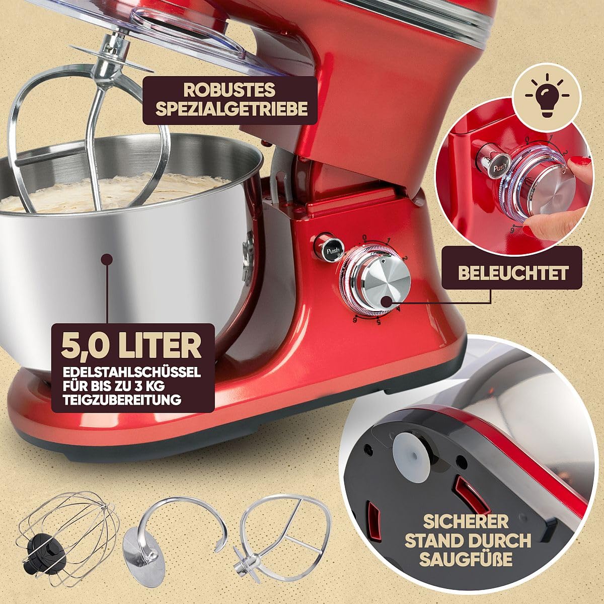 ProfiCook® Küchenmaschine zum backen | Knetmaschine 5L mit starkem 1200W Motor | Teigmaschine inkl. Haken & Schneebesen | Retro Teigknetmaschine Spritzschutz mit Nachfüllöffnung | PC KM 1197 rot