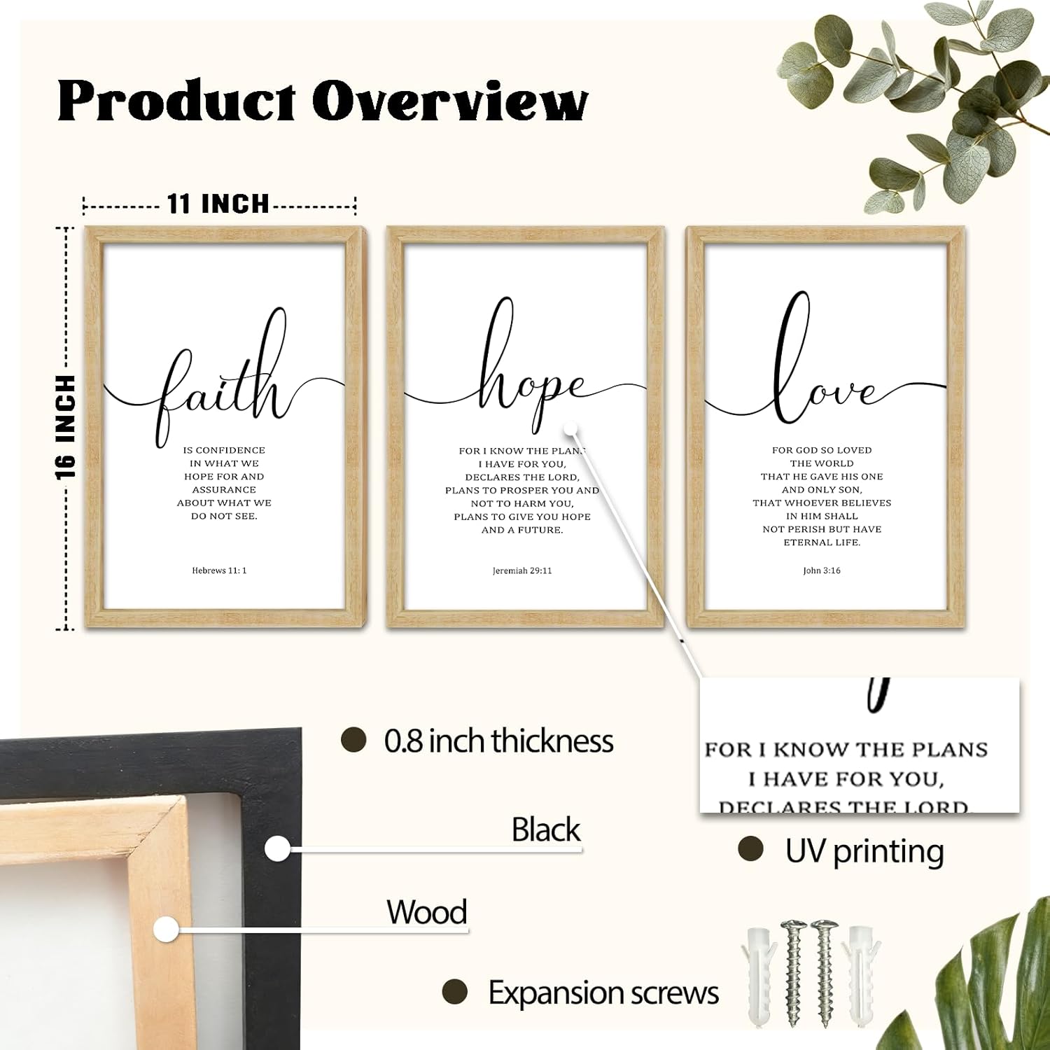 FZMHASLWW Faith Hope Love Sign Wall Decor 14x11\\\" Set of 3 Bible Verse Christian Scripture Wooden Framed Wall Hanging Art (Wood) 14”L x 11\\\"W Faith Hope Love (Wood)