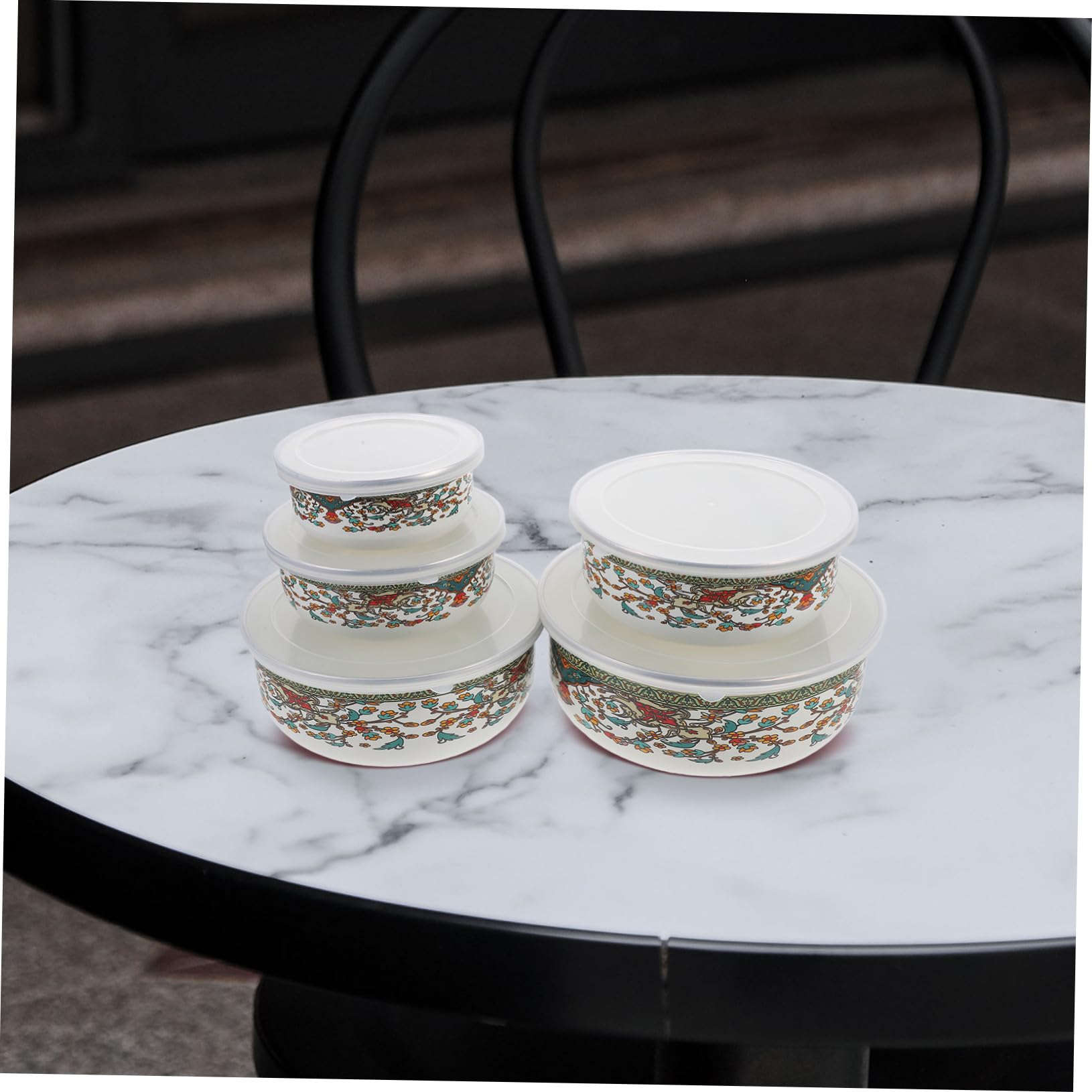 Set de 5 Tazones de Esmalte con Tapa, Cuenco Profundo | Fideos y Sopas, Uso en Hogar o Restaurante, Estilo Vintage Chino, Plástico y Esmalte