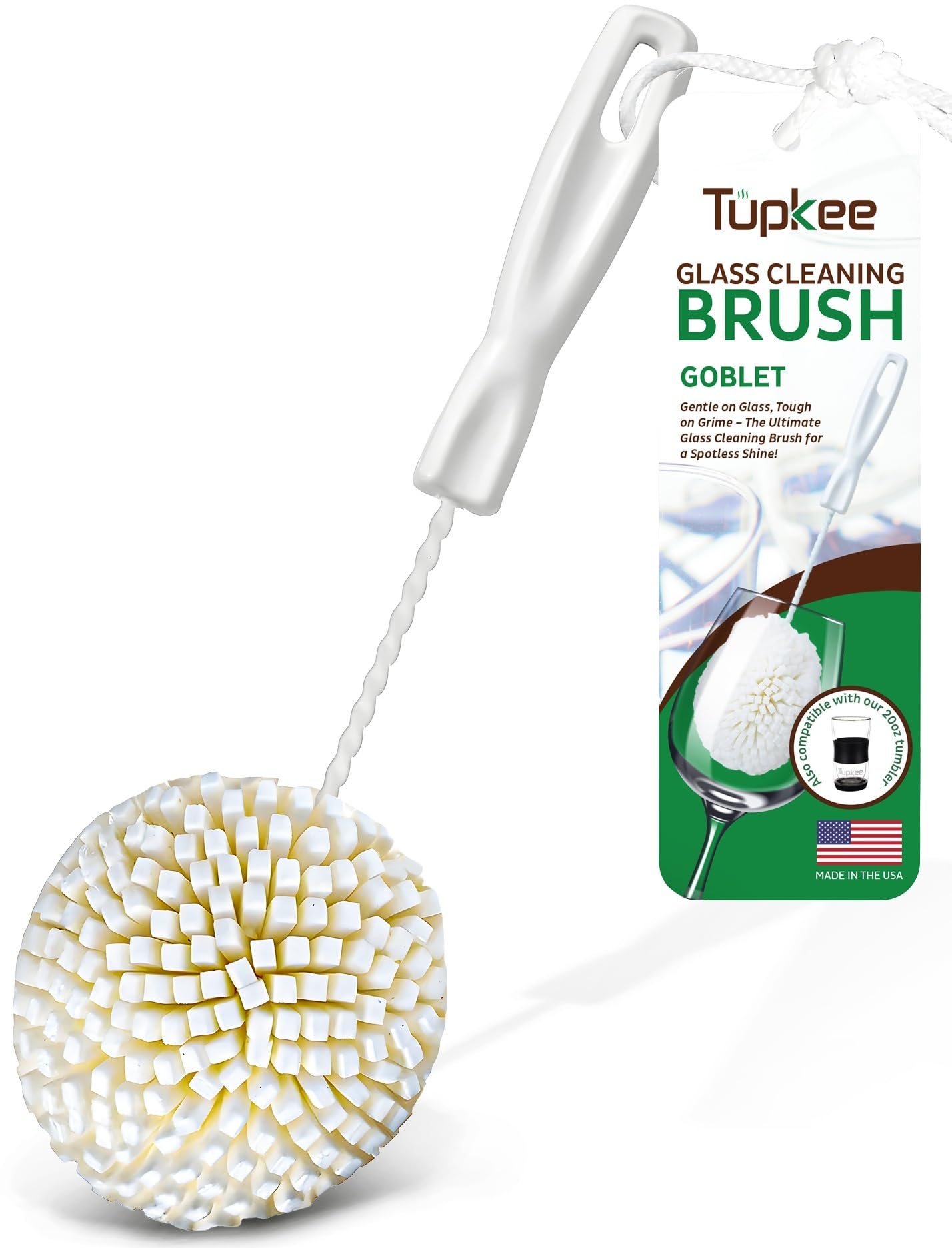 Tupkee Wine Glass Cleaning Brush – Soft Non-Scratch Foam Bristles – Goblet & Stemware Wine Glass Cleaner Brush for Glassware, Crystal, Bottle, & Mugs – Fits Tupkee 20oz Glass Tumbler – Made in the USA