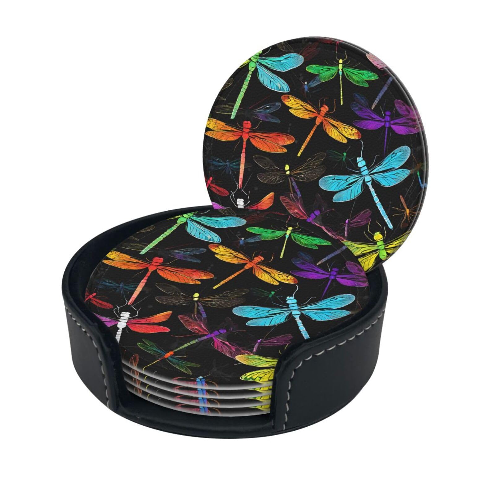 Cute Dragonfly Print Coaster,Round Leather Coasters with Storage Box for Wine Mugs,Cold Drinks and Cups Tabletop Protection (6 Piece)