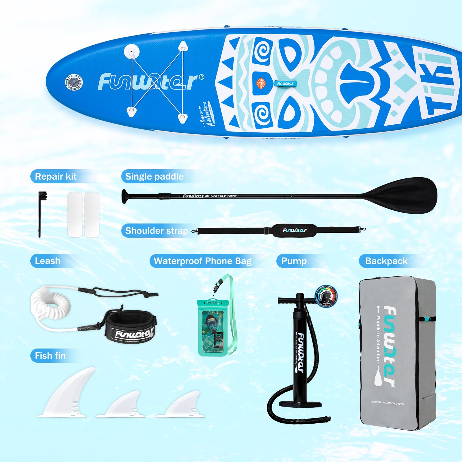 FunWater SUP gonflable ultra léger (8 kg) pour tous les niveaux de compétence, tout inclus avec planche à pagaie, pagaies flottantes Adj, pompe, sac à dos de voyage ISUP, laisse, sac à dos étanche 3 m