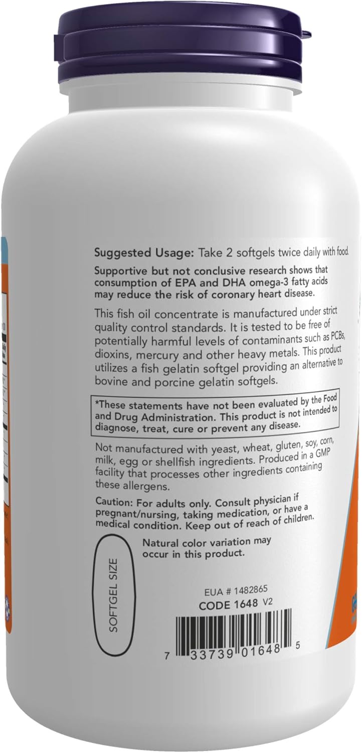 NOW Foods NOW Supplements, Omega-3 180 EPA / 120 DHA, Molecularly Distilled, Cardiovascular Support*, 200-Fish Gelatin Softgels : Health & Household