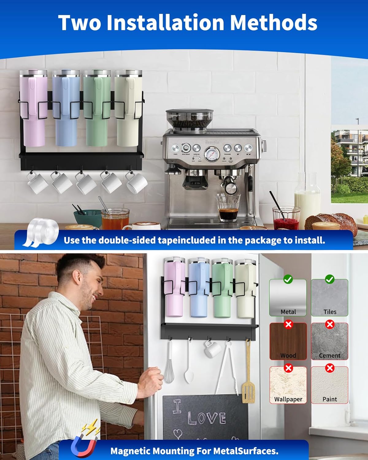 Magnetic Cup Holder for Stanley 20/30/40 oz, Water Bottle Organizer for Stanley & Most Tumblers Kitchen Cabinet Fridge Storage Rack with 5 Hook