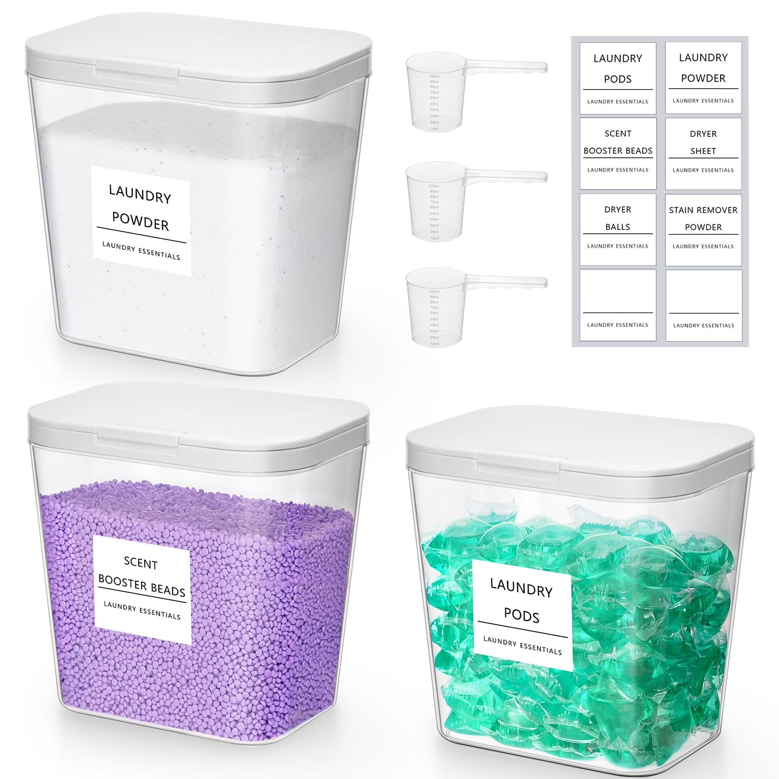 Lifewit 3 Pack Laundry Pods container with Labels and Measuring Scoops, Three 0.72 Gal/92 Oz Laundry Powder Containers with Press-and-Pop Lid, Laundry Room Organization and Storage for Booster Beads