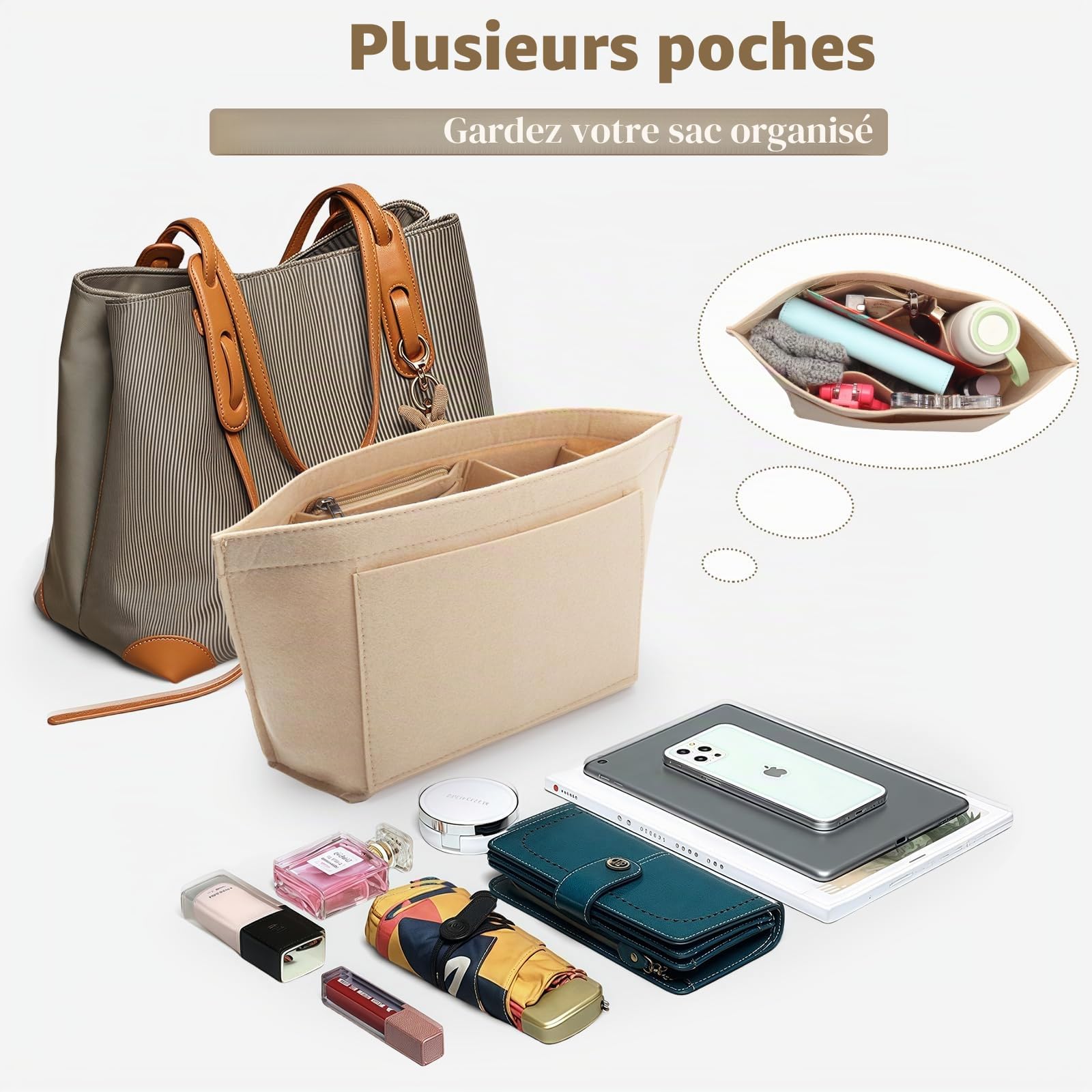 Organiseur de sac à main en feutre pour Longchamp L, pliable, Beige