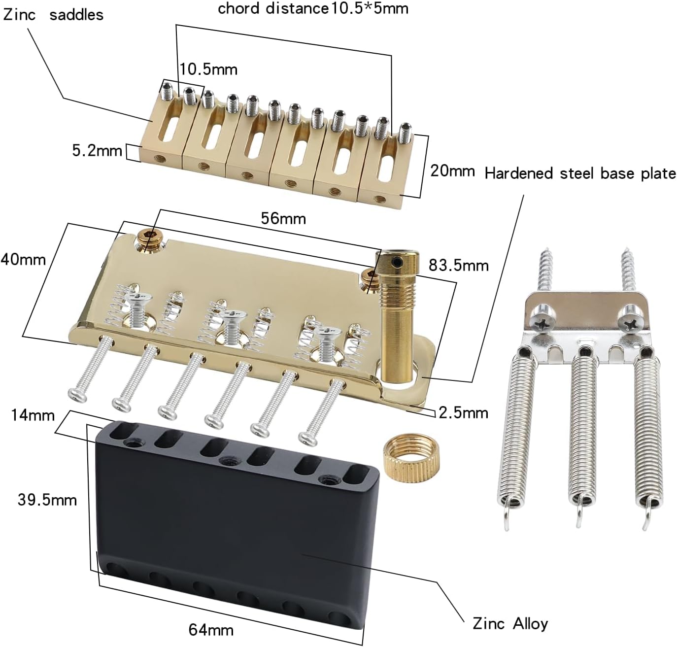 10.5mm Electric Guitar Bridge Zinc Alloy Saddles Block Stainless Steel Plate 6 String 2 Point Tremolo Bridge Compatible with Stratocaster Strat Electric Guitar Replacement Parts Gold
